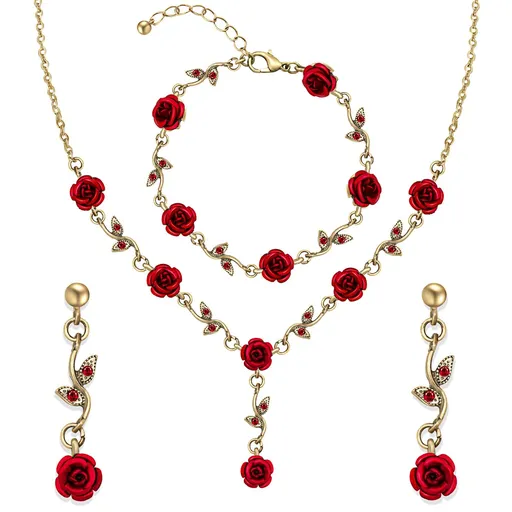3Pcs Rose Red Jewelry Red Flower Necklaces for Women Red Rose Flower Dangle Earrings Rose Bracelet Rose Gold Prom Jewelry Sets