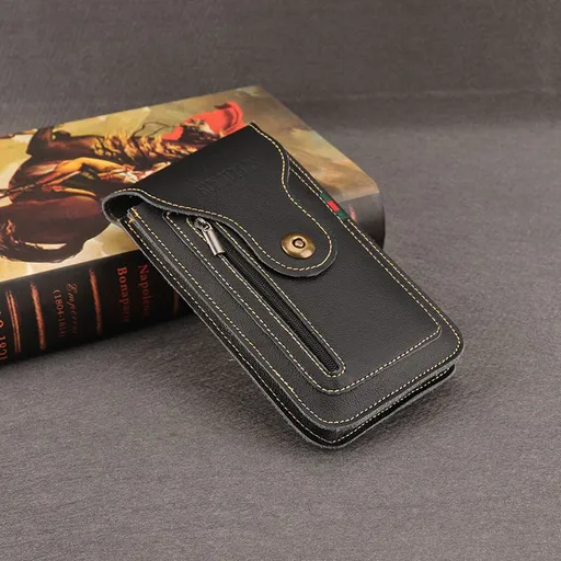 Black Vertical Leather Phone Holster with 3 Pockets and Carabiner Clip - Belt Loop Waist Bag & Outdoor Pouch (Large Size)