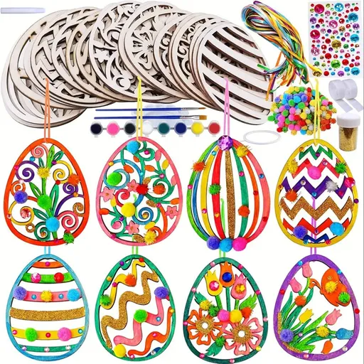 20 Sets Wooden Easter Ornaments Decorations DIY Easter Craft Kits Assorted Paintable Unfinished Wood Easter Egg Ornaments for Kids Classroom Home Activity Art Color