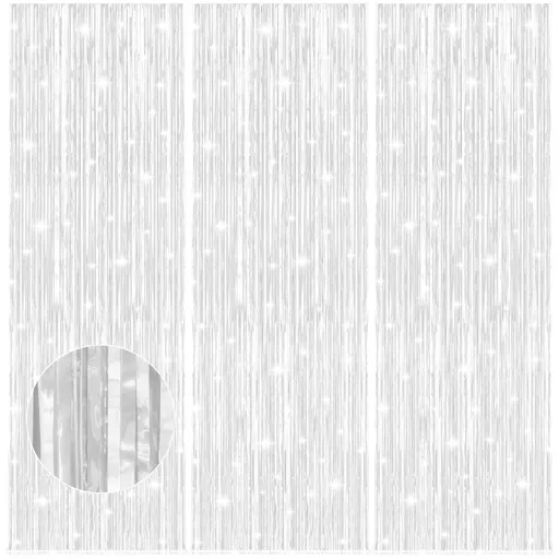 3Pack White Party Streamers 3.2x6.6 Feet Metallic Foil Fringe Curtains Streamers Party Decor for Anniversary Christmas