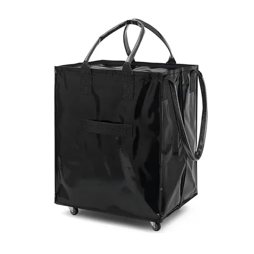 Black Portable Folding Shopping Trolley Bag(50x40x30CM) - Durable Woven Fabric, Reusable Grocery Bag with Wheels for Effortless Travel