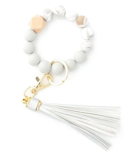 Hanging Ornament Silicone Key Ring Bracelet, Women Beaded Bangle Keychain Wristlet Leather Tassel White