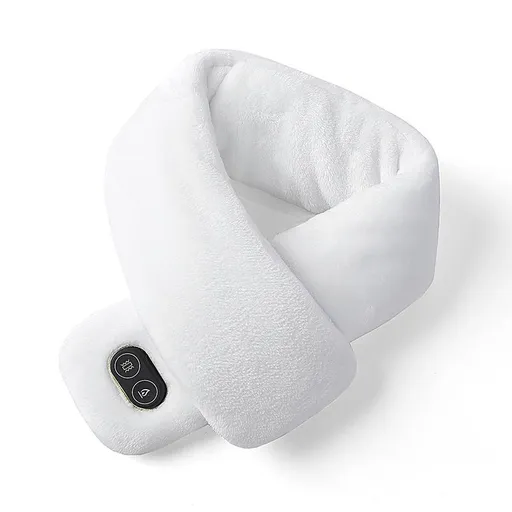White Plush USB Heated Massage Neck Scarf with 3 Temp & 3 Vibration Massage Modes - Washable Winter Neck Warmer, Built-in Power Bank Zippered Storage Bag for Men and Women