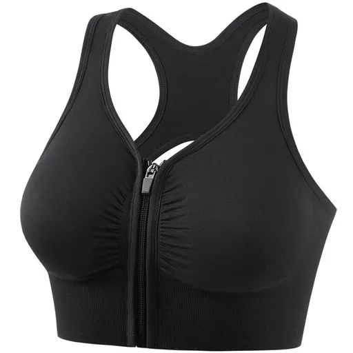 Women's Sports Bra with Front Zipper, High Impact Sports Bra with Zipper, Push, up and Breathable, for Running, Yoga and Fitness, Black