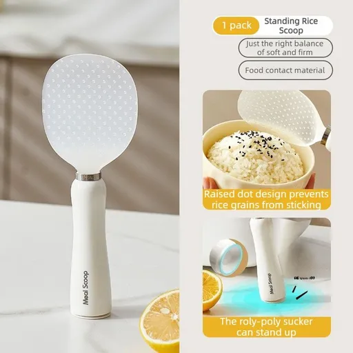 Stand-Up Rice Paddle, Suction-Base Non-Stick Rice Spoon for Home Kitchens—White