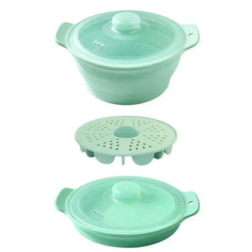 Foldable Food-Grade Silicone Steamer Pot with Lid and Steamer Rack – Space-Saving Collapsible Cookware for Microwave, Air Fryer, Camping, and Outdoor Meals, Available in Round and Rectangular Sizes (Round Style, Green)