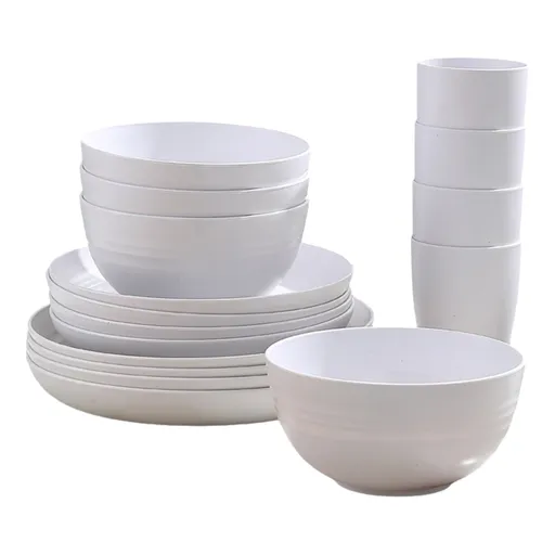 16 Pieces Kitchen Dinnerware Set, Service for 8, Dinner Plates, Dessert Plate, Cereal Bowls, Cups, Colorful Plastic Outdoor Camping Dishes White