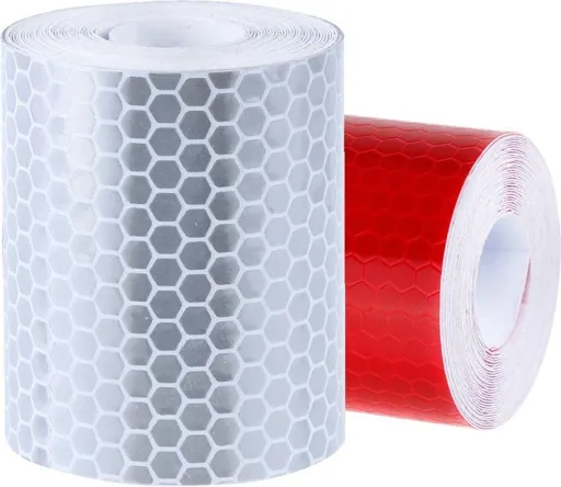 2 Rolls Class 1 Self-Adhesive Reflective Tape, Waterproof Honeycomb Safety Film for Bicycles, Trailers and Marking, White and Red, 5 cm x 3 m