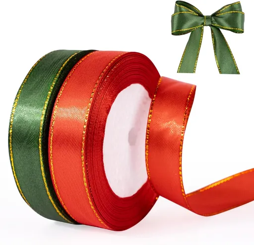 Christmas Ribbon 3/4 Inch x 50 Yards Gift Ribbon, Red and Green Polyester Satin Ribbon with Gold Edge for Holiday Present Package, Wedding Gift Wrapping, Handmade Crafts, Xmas Decoration