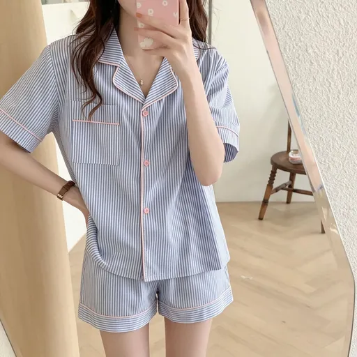 Blue Stripe Pink Trim Size L | Bubble Crinkle Short-Sleeve Shorts Pajama Set | Christmas Contrast Stripe Gift | Tummy-Covering Sweet Loose Women's Homewear