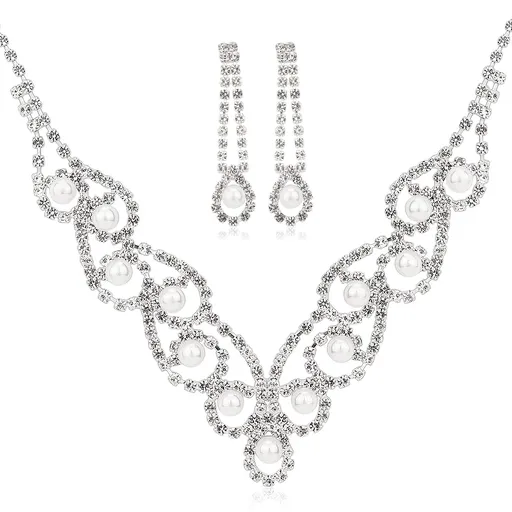 Bride Jewelry Set Silver Crystal Wedding Necklace Earrings Bridal Rhinestone Teardrop Pendant Accessories for Women (3 piece set)
