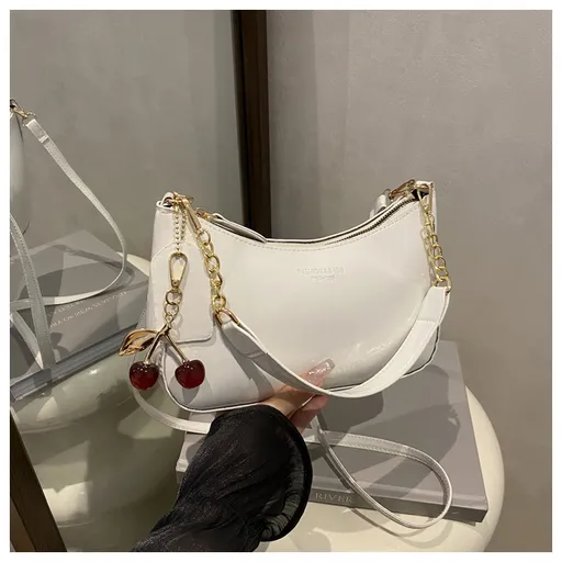 White Chic Glossy PU Leather Underarm Bag & Crossbody Purse with Cherry Charm - Versatile Handbag for Women
