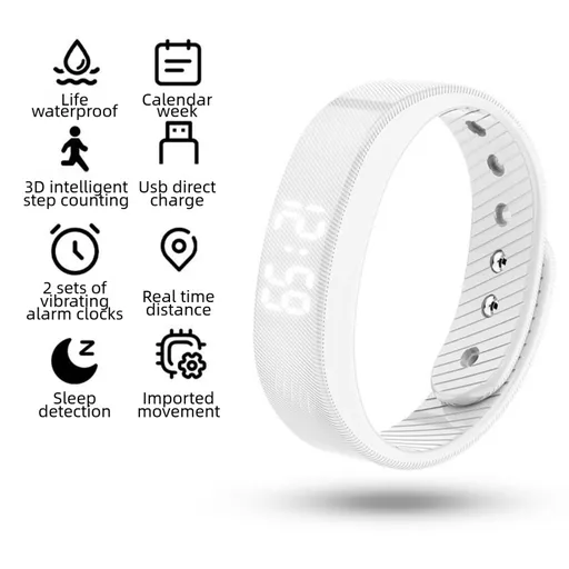 White Silent Vibration Alarm Smart Silicone Wristband with 3-Alarm Settings - Discreet Wake-Up Device for Teens & Adults (Horizontal version)