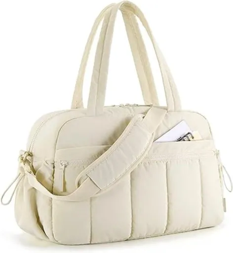 Puffer Duffle Bag with Wet Compartment Compact Weekender Sports Travel Bag Beige 40x20x28cm
