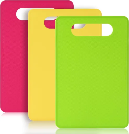 Plastic Cutting Board Set, 3 Pack Small Chopping Boards for Kitchen, BPA-Free, Dishwasher Safe, Color Coded Pads Meat Vegetable Fruit, Easy Grip Handle, Non-Slip, Space Saving 11.4"L x 7.5"W 0.08"Th