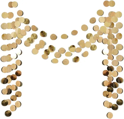 6 Pcs Glitter Champagne Gold Paper Circle Dots Garland (52 Feet) Party Hanging Bunting Birthday Decorations Engagement Bridal Shower Wedding Baby Christmas Supplies Photo Backdrop