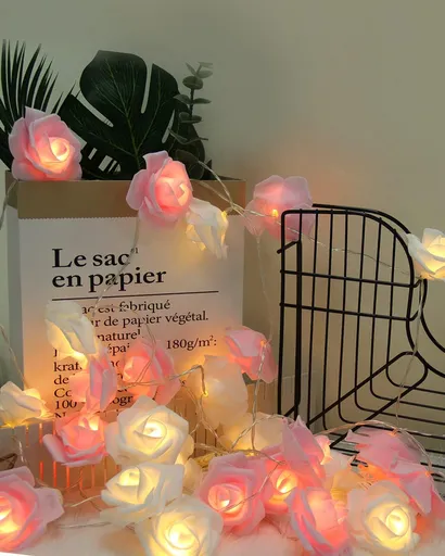 1 Piece Pink and White Rose LED Fairy Lights for Bedrooms, Weddings and Party Decor, Decorative Flower String Lighting for Indoor Ambience