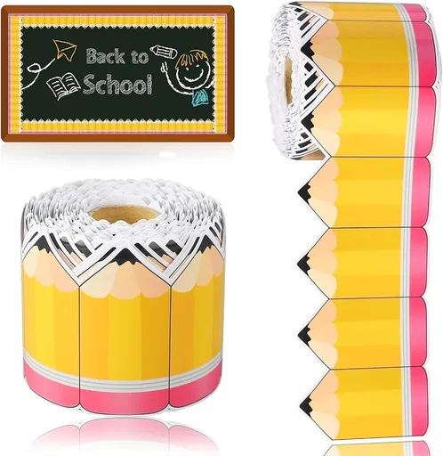 1 Roll Bulletin Board Borders,59 ft Pencil Paper Die Cut Cutouts Borders Trims,Bulletin Board Decor with Pencil Patterns,Pencil Classroom Bulletin Border Roll for Display Wall Blackboard Decor