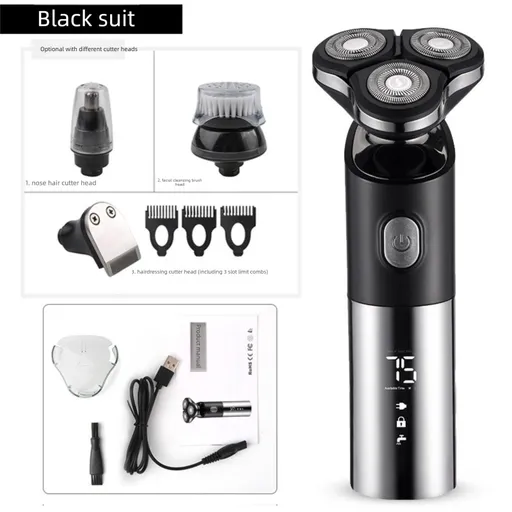 Electric Shaver Grooming Kit 4-in-1 3D Rotary Razor Nose Trimmer Hair Clipper Facial Brush Wet & Dry Waterproof Black