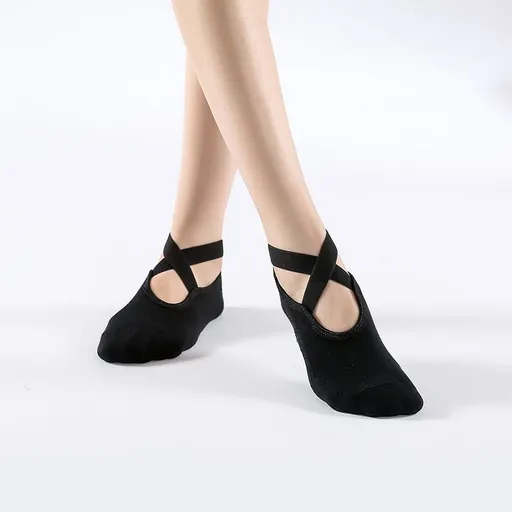 Women's Cotton Non Slip Yoga Socks Grip Pilates Socks Terry Bottom Fitness Dance Workout Socks - Black