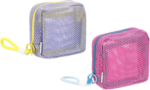 2Pcs Mesh Makeup Bag, 4.7" Portable Mesh Cosmetic Bag with Straps, Cute Mini Travel Toiletry Pouch with Zipper for Travel, Daily Accessories Organizer, Purse, Purple, Rose Red
