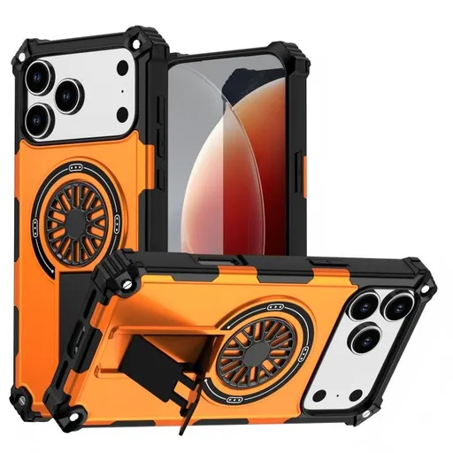 Armor Heavy Duty Magnetic Rotating Ring Kickstand Phone Case For iPhone 16 Pro, Anti-Drop Protective Cover In Orange