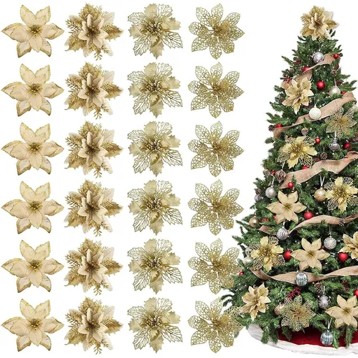 24PCS Christmas Poinsettia with Clips Glitter Artificial Flower Winter Party Supplies for Xmas Tree Ornament Wedding Birthday Wreath Decoration