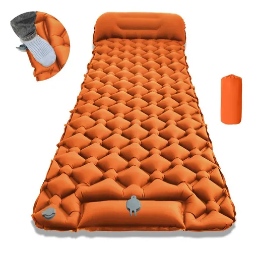 Orange Single Outdoor Foot Pump Inflatable Sleeping Pad （190 x 60 x 5 cm ）- 40D Nylon Camping Air Mattress with Built-in Pillow and Double Valve - Portable Moisture Proof Mat for Hiking Backpacking