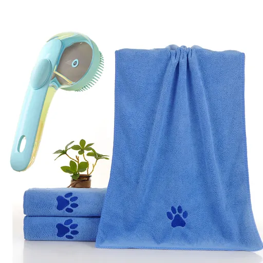 2-Piece Pet Cleaning Set - Blue Silicone Bath Brush with Liquid Dispenser and Blue 40*80cm Microfiber Drying Towel, Cleaning Leak-Proof Massage Scrubber for Dogs and Cats