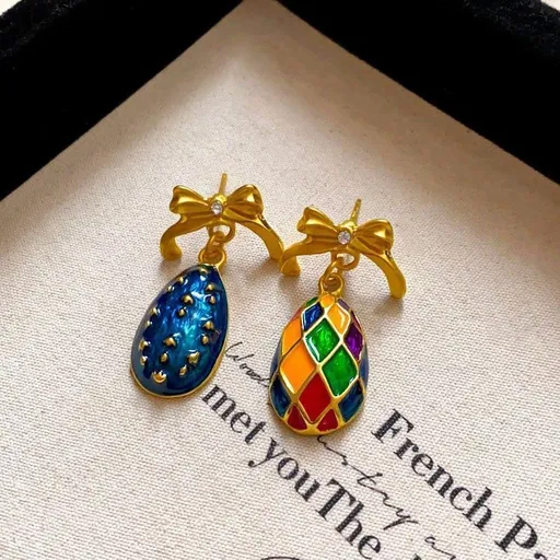 Gold Silver Needle Earrings with Blue & Colorful Stones | Christmas Layered Vintage Gift | Two-Tone Rhinestone Floral Earrings Unique Retro