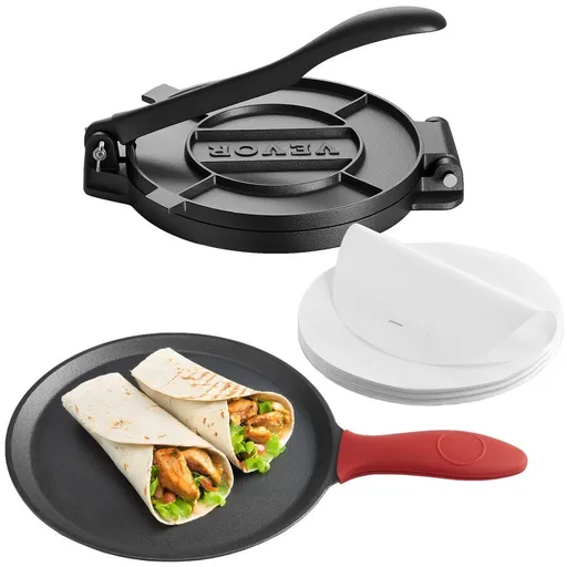 250mm Cast Iron Tortilla & Roti Press, Heavy-Duty Dough Taco Maker with Handle & 100 Parchment Papers, Tawa Flatbread Press