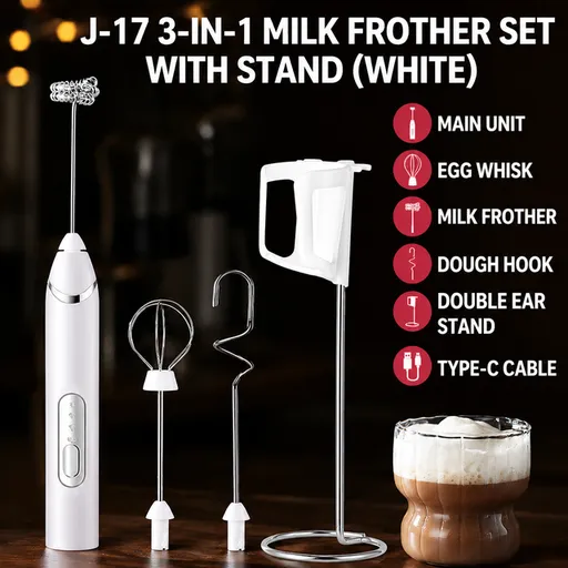 J-17 White Wireless Handheld Electric Milk Frother / Egg Beater / Dough Mixer with 3 Stainless Steel Heads & Stand, 3-Speed Stable and Anti-Splash, Typec Rechargeable