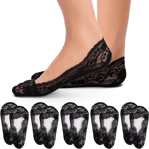 5 Pair Black No Show Lace Socks for Women, Non Slip Invisible Boat Socks for Sneakers and Heels
