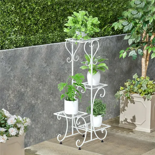 Indoor Plant Stand 4 Tiers Metal White Flower Pot Holder Durable Wrought Iron 50x82cm