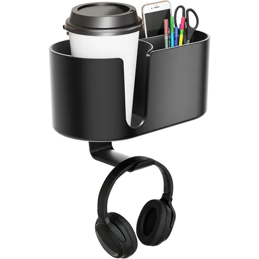 4 in 1 Desk Cup Holder - Clamp on Under Desk Headphone Hanger - Rotating Headphone Holder Detachable Pen Cup Holder Desktop Storage for Cup, Phone and Pen(Black)