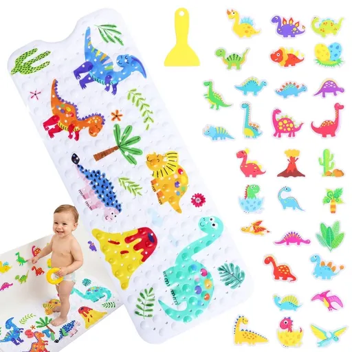 Non Slip Bath Mat for Kids with 30 Stickers 40x16 inch Cartoon Cute Bathtub Mat with Strong Suction Cups for Toddlers Children