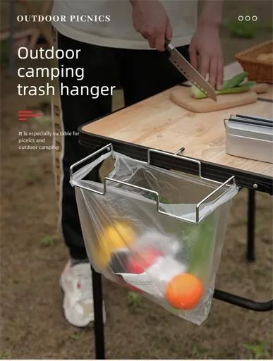 Portable Outdoor Camping Trash Bag Holder Stand Stainless Steel Folding Garbage Bag Rack for Picnic Kitchen and Student Desk Storage Natural