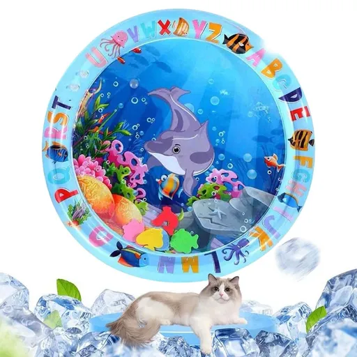 Thickened Inflatable Water Play Mat with Floating Fish Toys Interactive Sensory Activity Pad for Kids Toddlers Pets Cats Indoor Outdoor Fun, 39 Inch