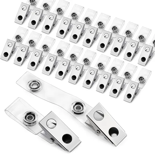 30 Pcs Metal Badge Clips with Clear PVC Straps ID Strap Clip Double Holes Badge Holder Clips ID Clip for Badges, Work Badges