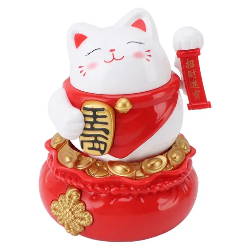 Solar Powered Lucky Cat Decorative Wealth Welcoming Waving Arm Fortune Cat Ornament for Home Car Restaurant Cafe White