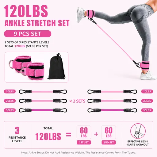 Resistance Bands Training Set 120LBS Adjustable Ankle Cuffs Pink 9 Piece Kit