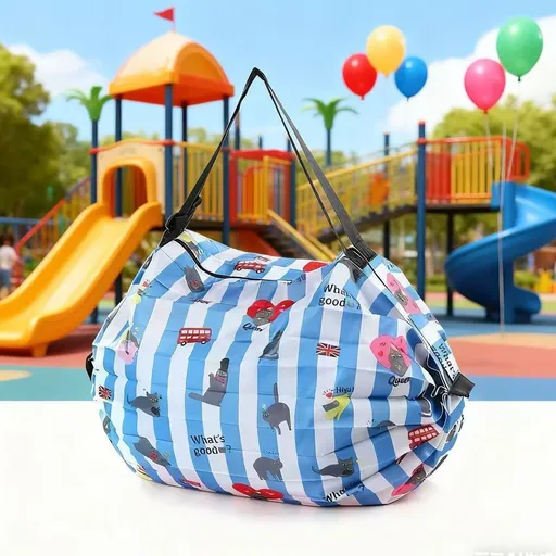 Multi-layer Accordion Foldable Shopping Tote Bag, 50*35CM Large Capacity Polyester Grocery Bag, Travel Storage Organizer Bag for Supermarket Daily Use(Blue & White Striped Cats)