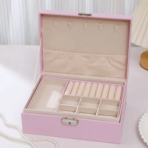 2-Tier Jewelry Box - With Removable Drawer & Lock - Large Storage Capacity For All Jewelry - Pink