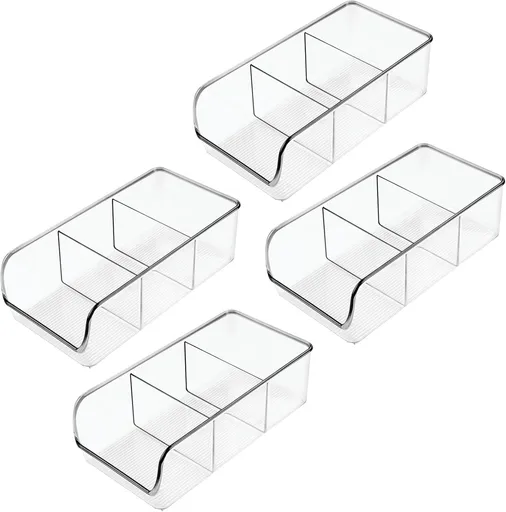 Plastic Food Storage Bin Organizer with 3 Compartments for Kitchen Cabinet, Pantry, Shelf, Drawer, Fridge, Freezer Organization - Holds Snack Bars - Ligne Collection - 4 Pack - Clear