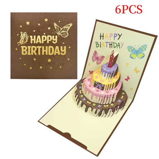 6-Pack Up Butterfly Birthday Cake Greeting Cards, Handmade Paper Gift Cards—Brown