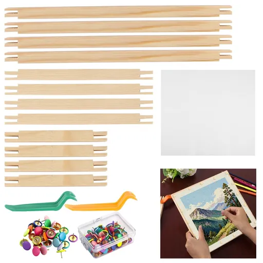 12PCS Wooden Canvas Stretcher Bars with 2 Tacks Removers, Mesh Fabric, 100PCS Thumb Tacks, Storage Box, 6, 8, 12 in Stretcher Bars for Needlework, Wood Frame for Embroidery Stitch