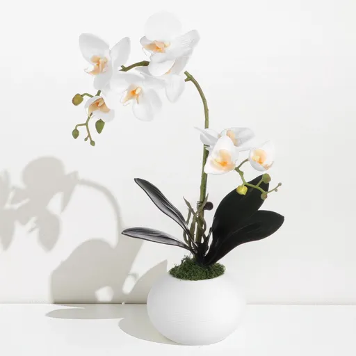 Orchid Artificial Flowers with Vase, White Fake Silk Orchids Floral Centerpiece, Decorative Potted Phaleanopsis Orchid Bonsai for Home Office Table Decor