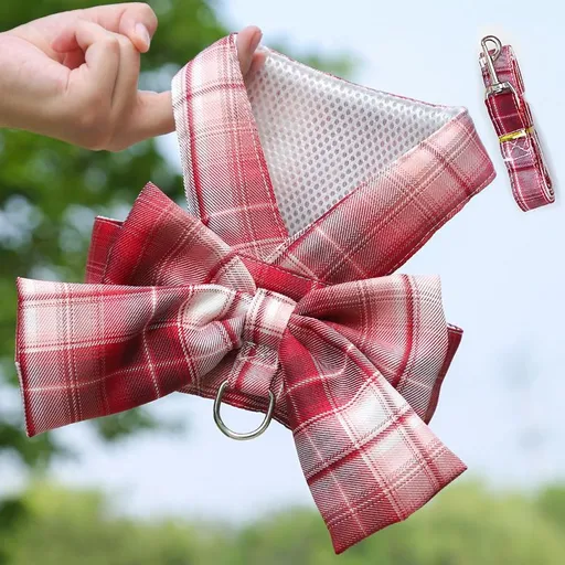 Plaid Pet Dog Cat Vest Harness with Skirt 273 Vest Traction Wine Red L (recommended 4.00 kg-5.50 kg pets)