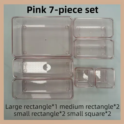 7PCS Pink Transparent Stackable Organizer Set - 4-Size Versatile Desktop & Drawer Divider