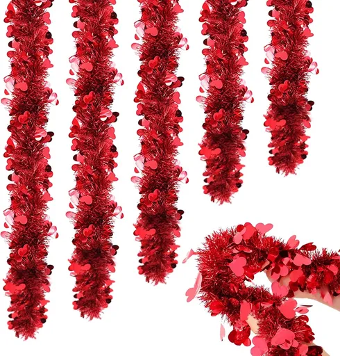 5Pcs 33Ft Valentine's Day Tinsel Garland, Red Heart Metallic Tinsel Twist Garland Shinny Hanging Heart Garlands for Tree Mantle Home Office Decor Wedding Anniversary Party Indoor Outdoor Decorations